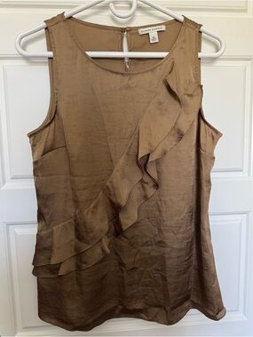 Banana Republic Sleeveless Shell Tank Top with Ruffle Detail, Brown, Size M